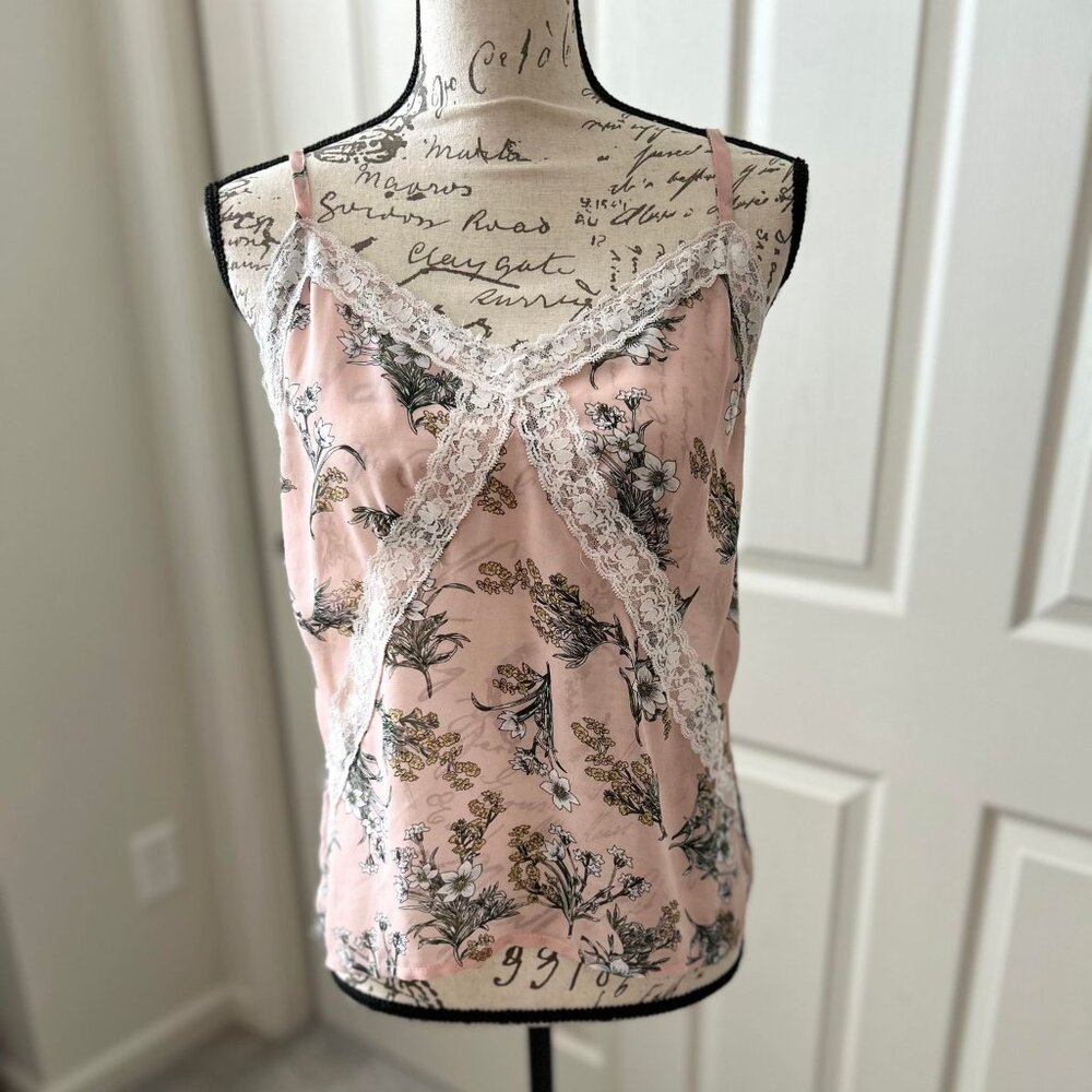 Sheer Pink Floral & Lace Lingerie Top with Adjustable Straps